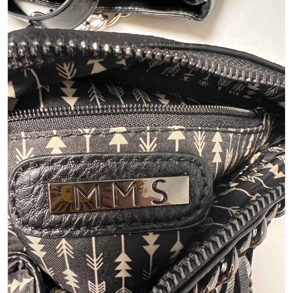 MMS Black Fringe Crossbody Bag Small Faux Leather Gunmetal Chain Boho Rockstar - Picture 3 of 11